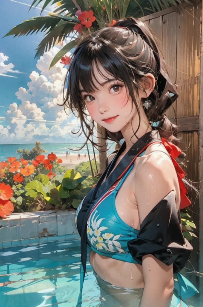 ((highest quality, masterpiece, High resolution)), ((reality)),Photos of beautiful Japanese women,((anime art))、 (((1 girl))), normal size breasts, slim body shape, long ponytail,double eyelid, Wet see-through bikini,Clean abs, A pareo with bold ethnic patterns and plenty of primary colors、(Brown skin:1.4),realistic skin、Wet,whole body,cinematic light、tropical、Against the background of palm trees on both sides、on a sunny beach、With the sea in the background、blur background、smile