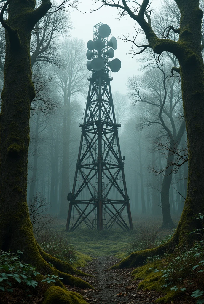 A radio antenna, dated from the cold war, in the middle of a forest, with a disturbing atmosphere