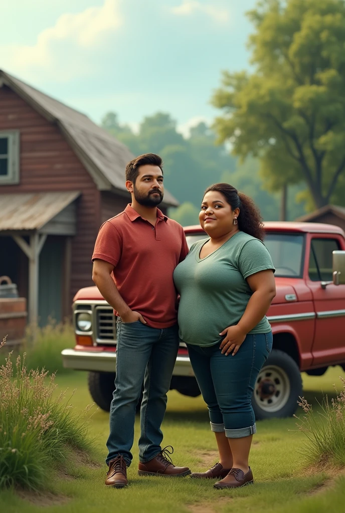 A tall, thin man next to a fat woman on a farm and a pick up truck