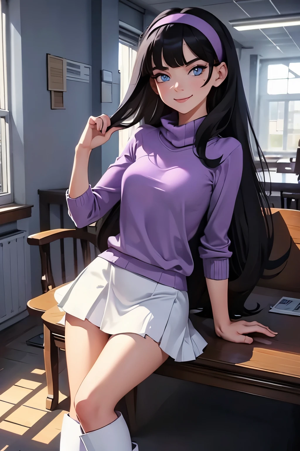 masterpiece, best quality, detailed,Super high quality,perfect anatomy,beautiful light and shadow, ,Beautiful white skin ,long black hair,blue eyes,slim,young,woman in her late 10s ,1girl,Trixie tang, smiling to camera, high quality, 8k digital painting, wearing a purple long neck sweater, white skirt, white long boots, purple hairband, detailed blue eyes, at high school corridor, 