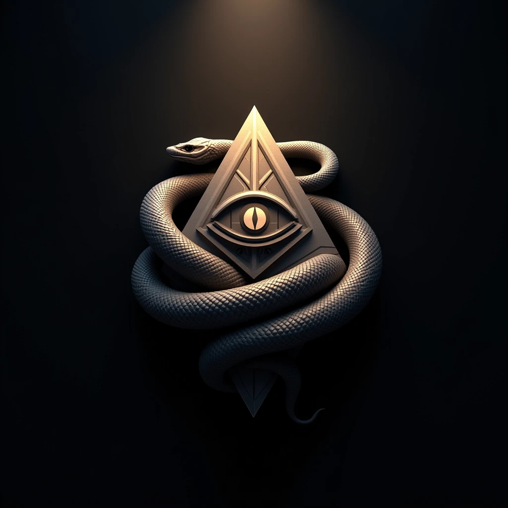 Create for me a 3D logo where there is a pyramid with an eye in its center, A snake is coiled around