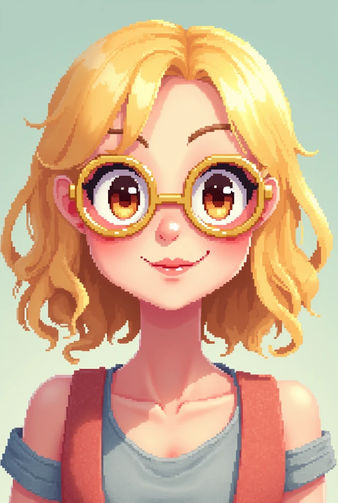 create a drawing of a bald pixel female character, white-skinned, straight blonde hair with curly ends, light gold hexagonal glasses, dark brown eyes and smiling