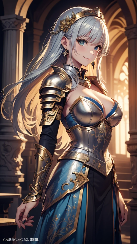 (Official Art、Highest quality、unity 8k wallpaper、32K、masterpiece、Super detailed、Ultra-high resolution、Actual、realism)、(Cinema lighting:1.2)、Fire glow effect、Best Shadow、Side Shot、Side body、Edge Light、Side light、(Highly detailed and intricate 3D rendering)、繊細でBeautiful Faceと目、Sharp pupils、Realistic student、Thinner、1Dear、Large bust、Beautiful Face、Beautiful girl 、(Very delicate skin、Detailed skin texture:1.3)、(Silver Blonde、Blue-silver hair:1.3)、Holy Knight、Long hair、Blunt bangs、Green Eyes、3 braids 1 bundle、(Blue Armor、Blue Boots、Blue Helmet、Inlaid gemstones、Gold embroidery)、Thinner、Long skirt、(Upper Leg, Upper Leg, Upper Leg:0.8)、(colorful、dream-like:1.2)、(dream-like:1.3)、(Side body、prayer)、(avert your eyes、Shima:1.3)、dream-like、An innocent smile、Media dissolution, 2, Sexy, Large Eyes, Wear diamond earrings, camisole, Taking a shower