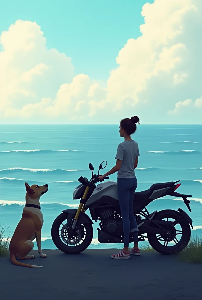 Me and my dog looking at the sea with my motorcycle next to me 