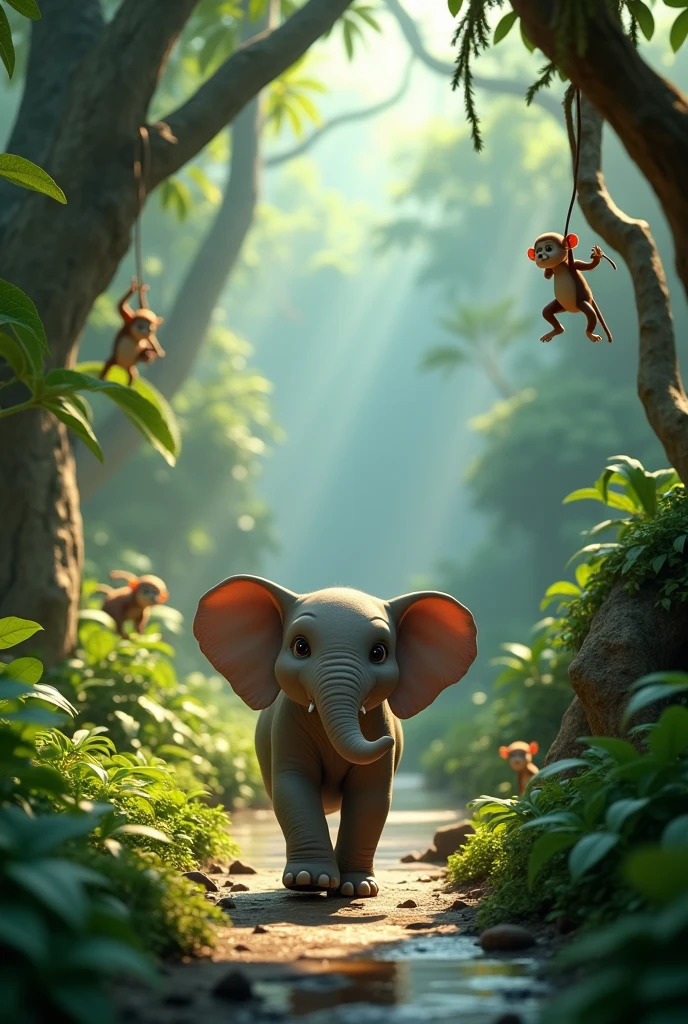 Various jungle animals, such as monkeys swinging through trees and small creatures darting through bushes, surround the pair as they walk toward the river, highlighting the vibrant life of the jungle.in 3d animation a young elephant