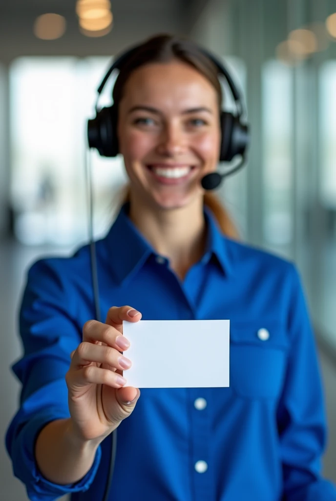 A sales consultant showing her work card, He is also wearing his headband headphones and microphone and a royal blue shirt..