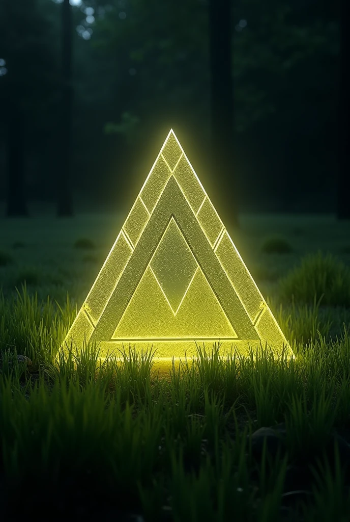 A detailed view of a triangle-shaped object set against a dark background, surrounded by a border of intricate, grass-like patterns. The design features triangular elements with a soft, golden-green glow, reminiscent of illuminated blades of grass, forming a perfectly symmetrical pattern. This computer-generated image highlights a natural, organic feel with precise lighting, creating a central triangular formation that showcases a golden Sierpinski gasket motif.