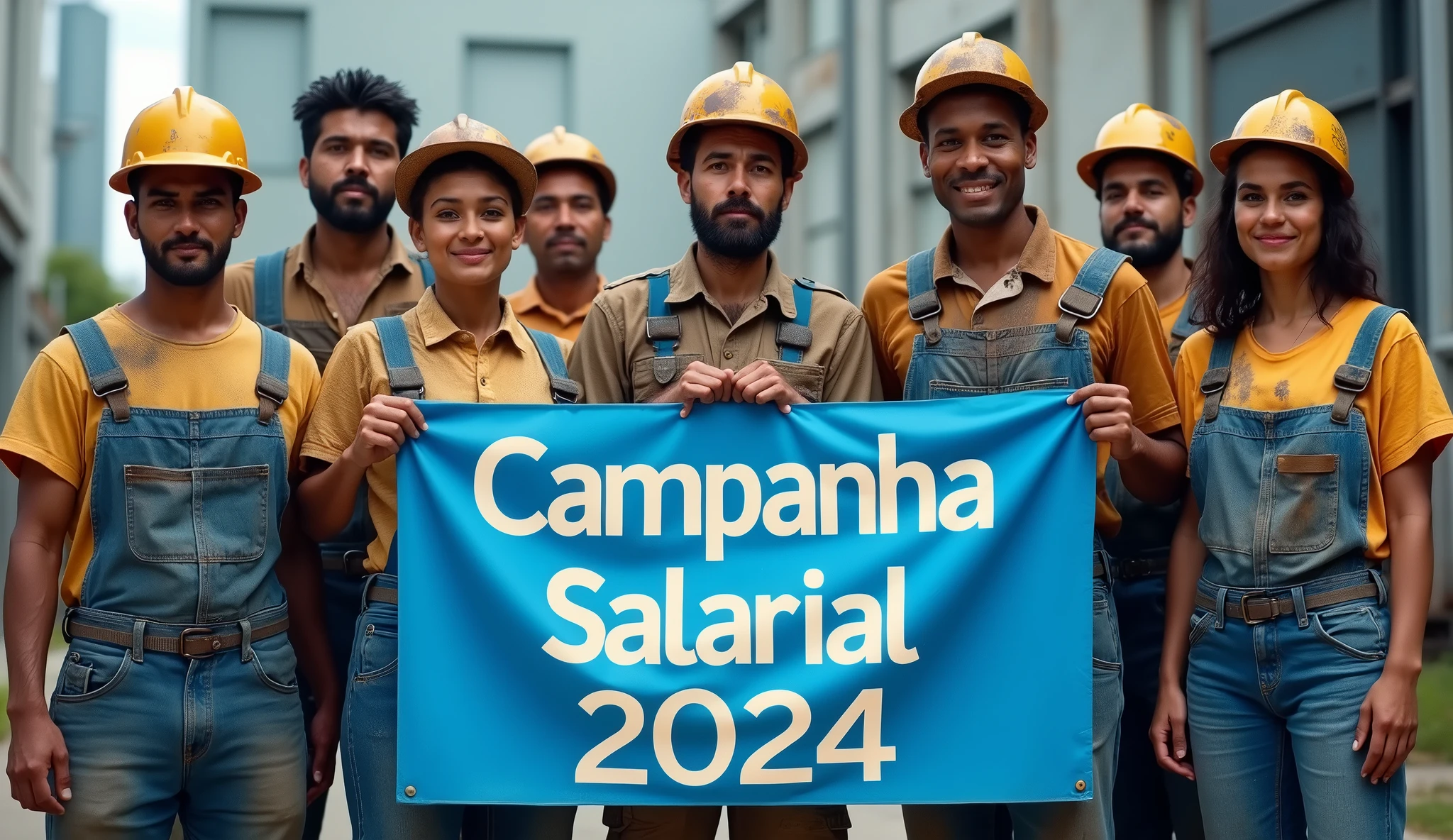 A crisp Canon DSLR photo of Brazilian metalworkers, men and women, standing together in front of a modern factory. Their skin and clothing show dirt and wear, captured in the fine details of the image. They hold a blue banner with "Campanha Salarial 2024" in white text, which contrasts sharply with the dirt on their uniforms. The high-quality photo emphasizes their determination and the unity symbolized by the banner.