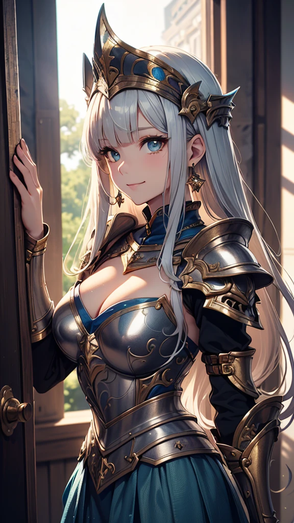 (Official Art、Highest quality、unity 8k wallpaper、32K、masterpiece、Super detailed、Ultra-high resolution、Actual、realism)、(Cinema lighting:1.2)、Fire glow effect、Best Shadow、Side Shot、Side body、Edge Light、Side light、(Highly detailed and intricate 3D rendering)、繊細でBeautiful Faceと目、Sharp pupils、Realistic student、Thinner、１Dear、Large bust、Beautiful Face、Beautiful girl 、(Very delicate skin、Detailed skin texture:1.3)、(Silver Blonde、Blue-silver hair:1.3)、Holy Knight、Long hair、Blunt bangs、Green Eyes、3 braids 1 bundle、(Blue Armor、Blue Boots、Blue Helmet、Inlaid gemstones、Gold embroidery)、Thinner、Long skirt、(Upper Leg, Upper Leg, Upper Leg:0.8)、(colorful、dream-like:1.2)、(dream-like:1.3)、(Side body、prayer)、(avert your eyes、Shima:1.3)、dream-like、An innocent smile、Media dissolution, 2, Sexy, Large Eyes, Wear diamond earrings, camisole, Taking a shower