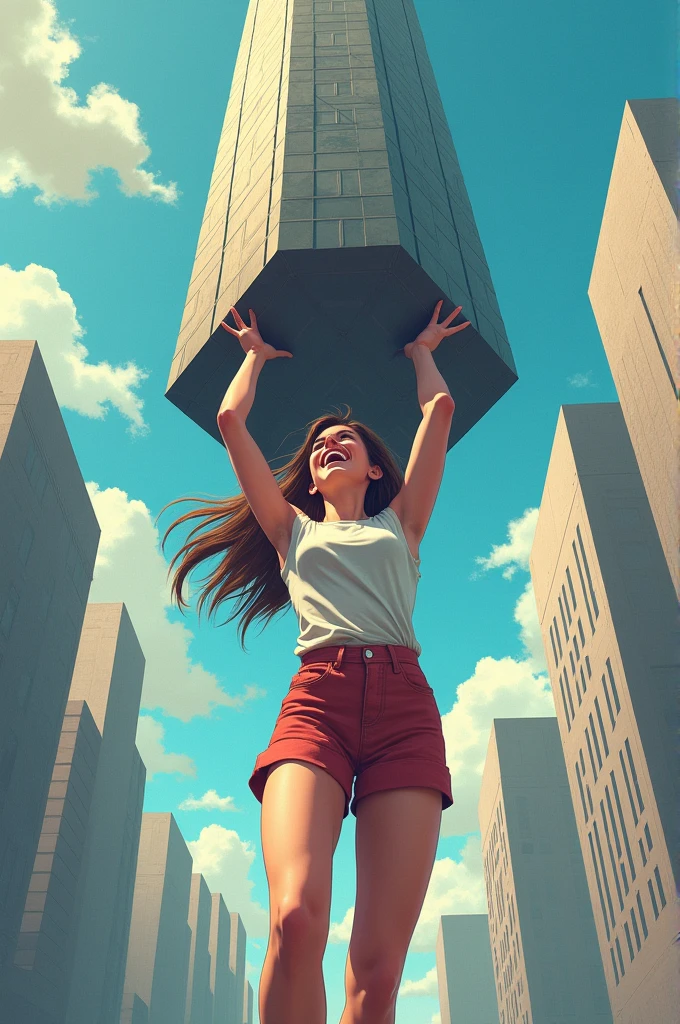  girl lifts a skyscraper above her head laughing 