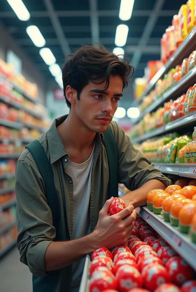 A white skinned and blue eyed male Pashtun shopper aged 25-30 is leaning down and looking for the guava candies at a superstore.