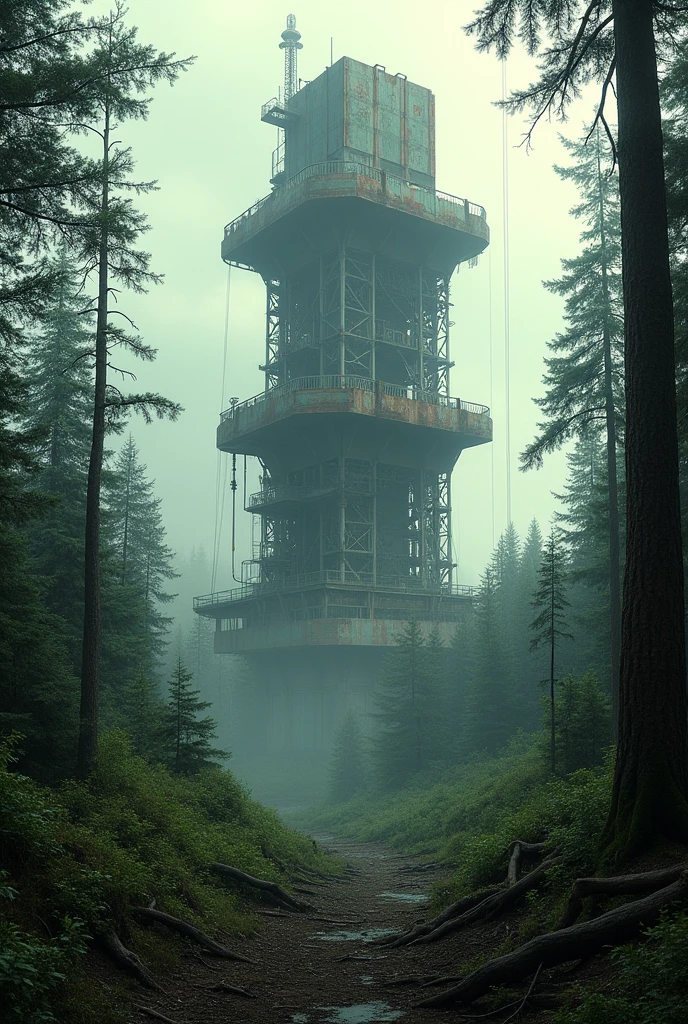 A large radio antenna, dated from the cold war, in the middle of a forest, with a disturbing atmosphere 