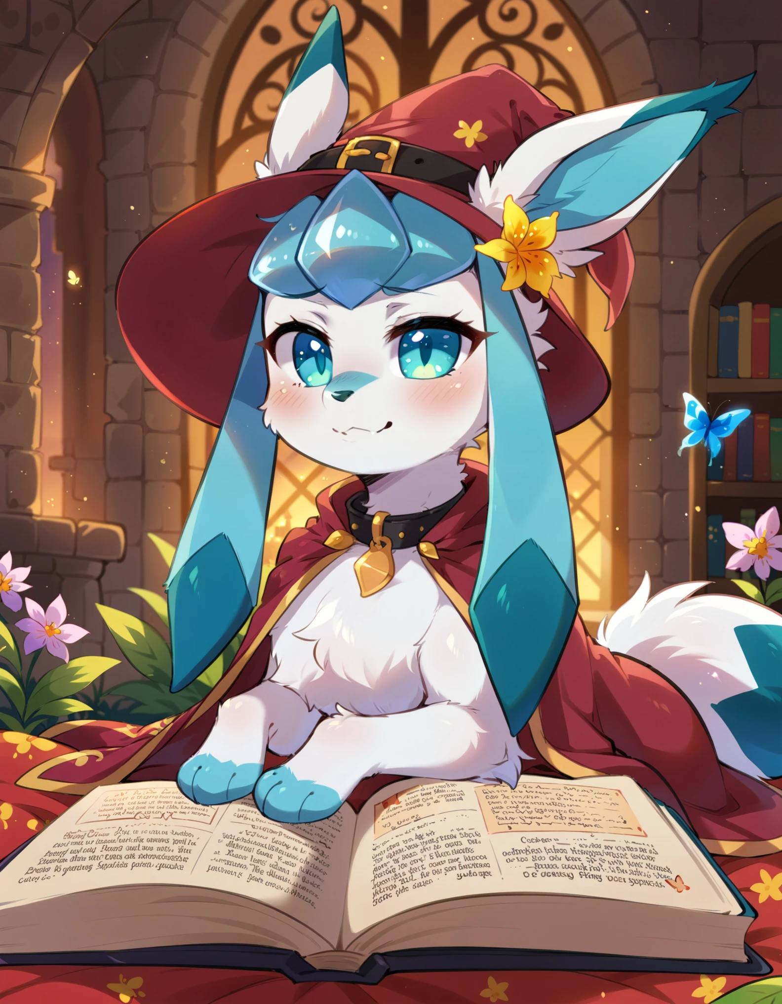 quadruped feral glaceon, excessive fluff, wizard hat, high collar cloak, lying on front, glowing eyes, BREAK, [by Cotora, by Aoizuri:realistic, photorealism:0.85], detailed background, detailed foreground, depth of field, ambient silhouette, backlighting, inside, night, ambient butterfly, flower, castle, book, plant, waterfall