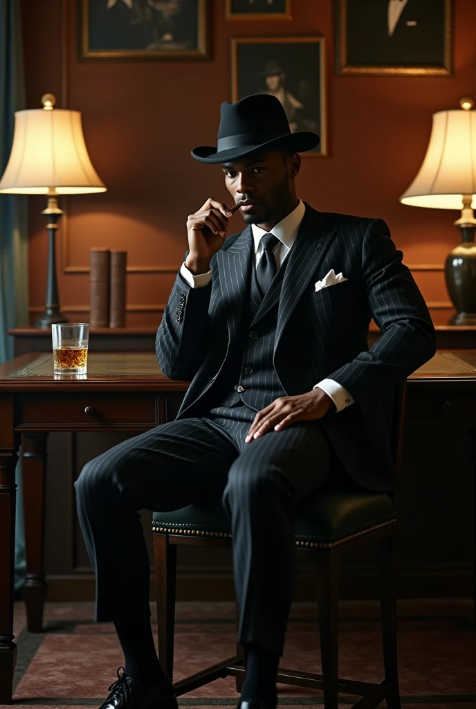 Create a cinematic fashion scene featuring a male model with African descent, but with the features of David Gandy. The model, an athletic figure with a striking, masculine physique and a captivating presence, is dressed in a vintage-inspired, classic mafia suit reminiscent of the 1940s, suitable for a scene straight out of 'The Godfather.' The outfit should feature a double-breasted pinstripe suit in dark tones, complemented by a crisp white dress shirt, a wide tie, and a classic fedora hat. The model also wears polished leather shoes and vintage accessories such as a pocket watch, adding an air of old-school mafia sophistication.
Situation: The scene is set in a dimly lit, opulent study, adorned with rich wood paneling, leather-bound books, and a large mahogany desk, capturing the essence of a classic mafia boss’s office. The model is seated behind the desk, leaning slightly forward with one hand resting on a cigar, exuding power and authority. A glass of whiskey sits on the desk beside him, and the room is filled with an atmosphere of quiet tension, as if a significant decision is about to be made. The background includes dimly lit lamps, framed black-and-white photographs, and a glimpse of a dark, heavy curtain partially drawn over a window.
The model's pose is commanding and authoritative, capturing the essence of a powerful mafia figure. His gaze is intense and direct, with a hint of contemplation, embodying the calculated and composed demeanor of a mafia don. The warm, low-key lighting creates deep shadows that emphasize the model’s strong features and the rich textures of his suit, enhancing the vintage, cinematic feel of the scene.
Filmed on ARRI ALEXA 65, Bokeh, sharp focus on the subject, shot by Don McCullin. The atmosphere should exude a sense of cinematic drama with a vintage touch, where the model embodies the essence of classic mafia fashion—powerful, refined, and imposing, amidst a richly detailed, atmospheric setting."