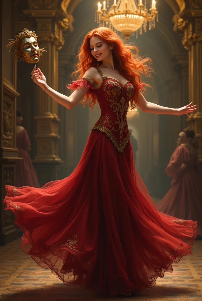 Create me a redheaded woman, with glasses, Elegant clothing, dancing happily with a mask of a man in his hands