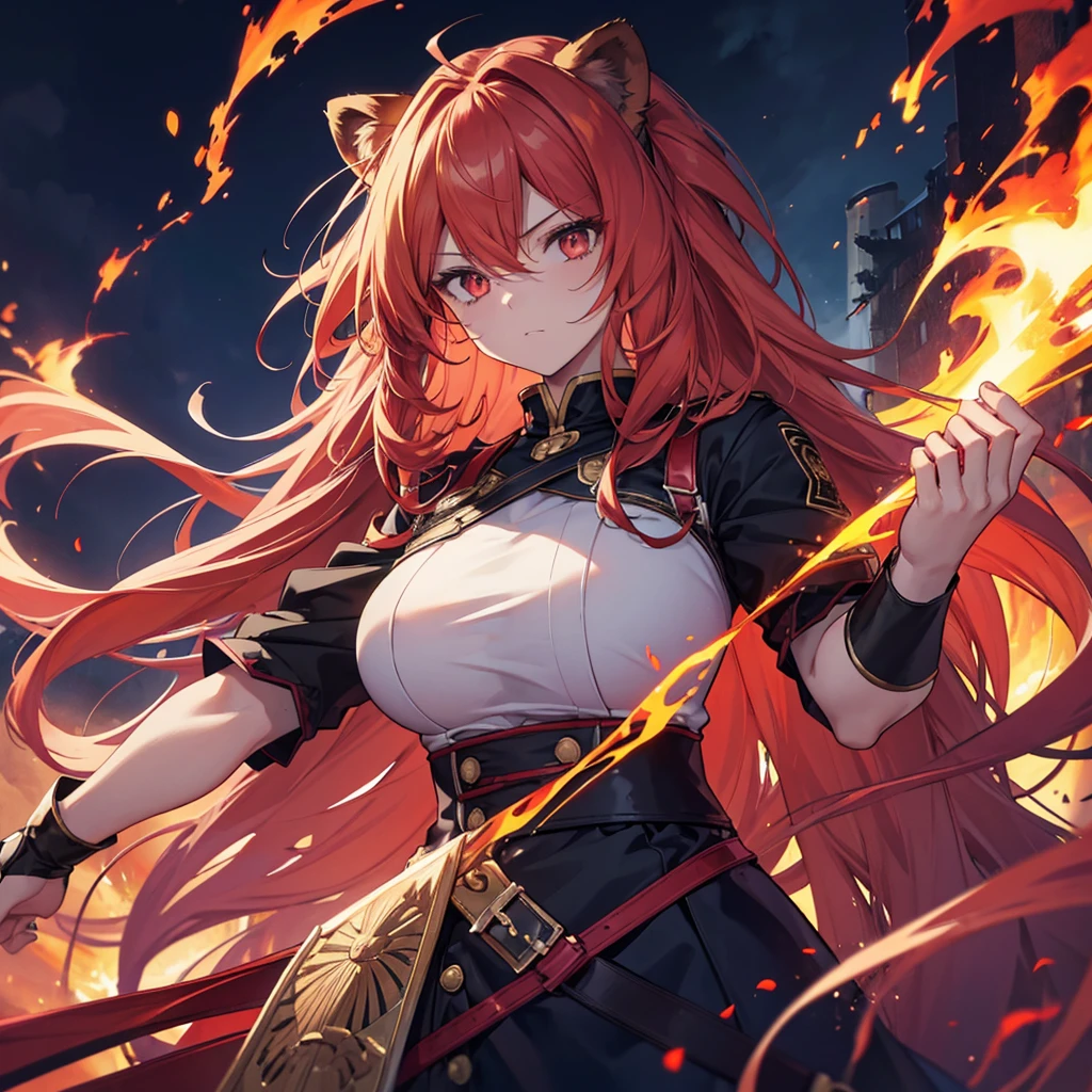 (masterpiece), best quality, expressive eyes, perfect face, aries, werebeast, hot, protector, solider, female, red hair,, guard, anime, beastial, anime, headshot, no human ears, fire, hairy bearded, warrior, massive lion mane, long and massive hair, sharp nails, red cat eyes hair covering ears