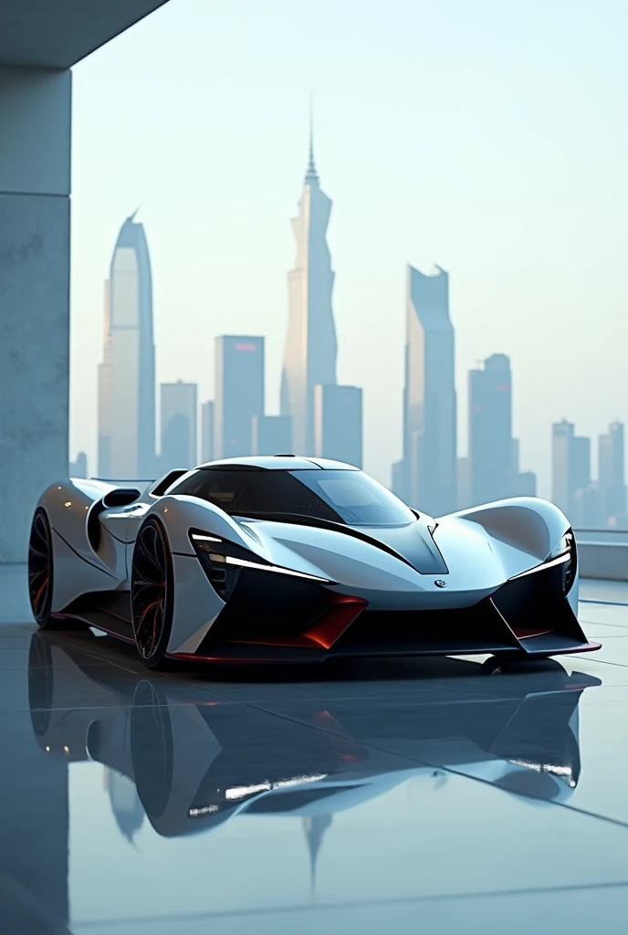 Futuristic sports car with sleek red-black design, decorated with fire accents, parked in a park with a backdrop of Mecha's silver Garuda statue and futuristic skyscrapers, creating a sense of speed and dynamic atmosphere.