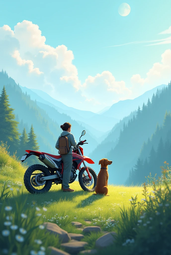 Me and my dog looking at nature with my motorcycle next to me