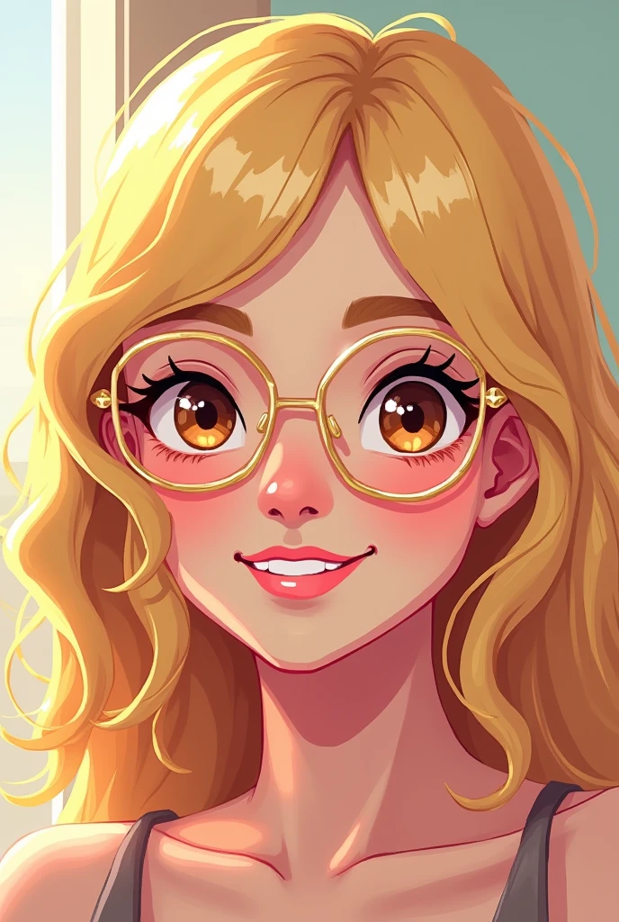 create a drawing of a female character in pixel, white-skinned, straight blonde hair with curly ends, light gold hexagonal glasses, dark brown eyes and smiling