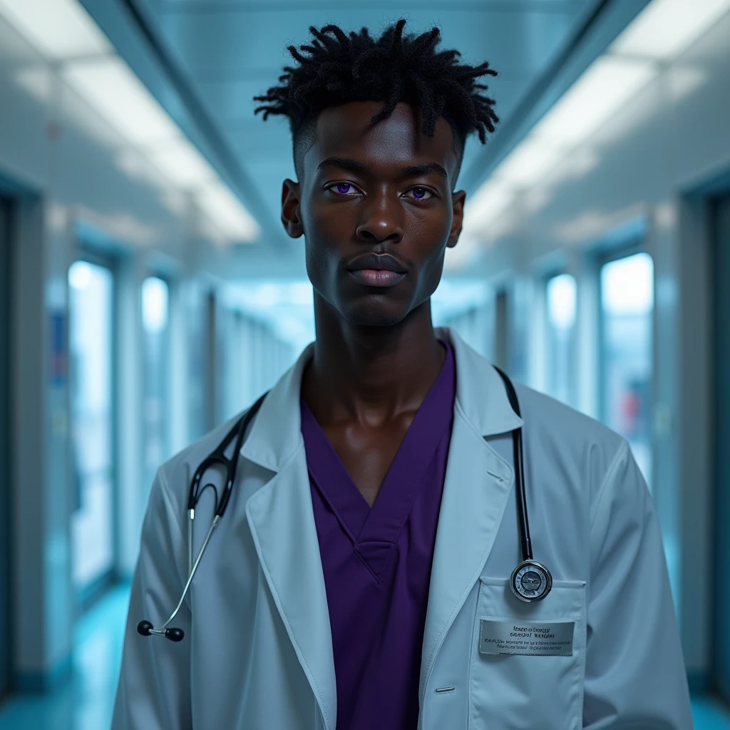 Photograph headshot, hair wavy-curl side part, very tall French featured male model, shaved, toned body, ebony skin, vibrant purple eyes, tall thin toned body. Gentle smile expression. Doctor coat, dark purple shirt, modern sci-fi hospital office.