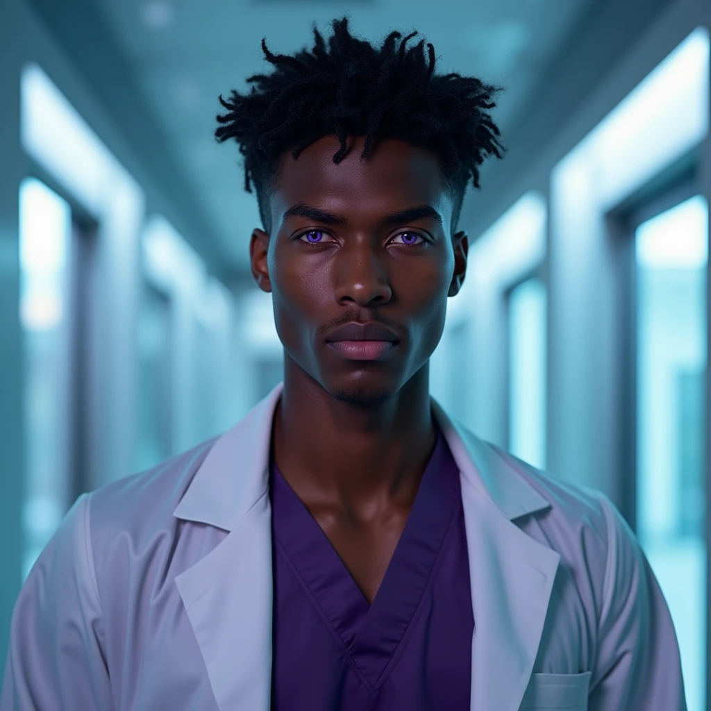 Photograph headshot, hair wavy-curl side part, very tall French featured male model, shaved, toned body, ebony skin, vibrant purple eyes, tall thin toned body. Gentle smile expression. Doctor coat, dark purple shirt, modern sci-fi hospital office.