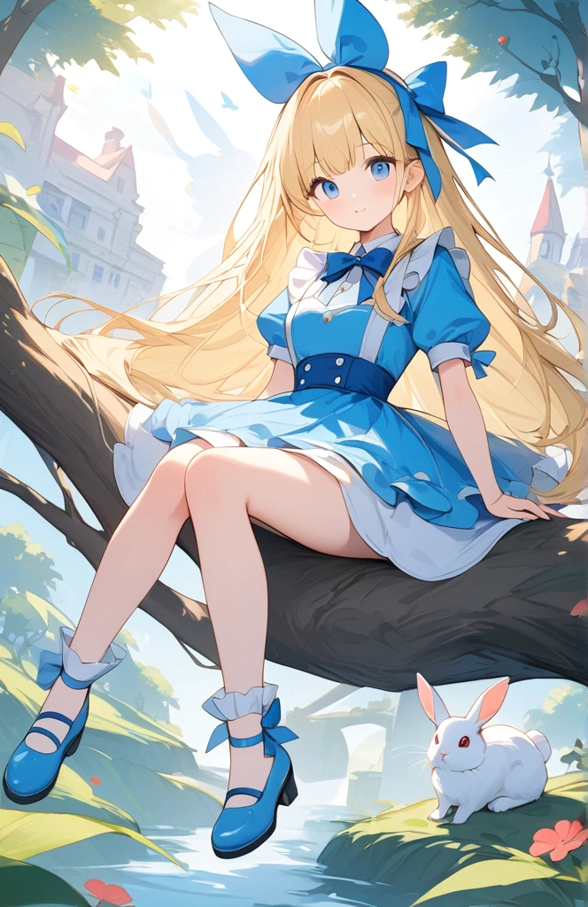 ((Amazingly absurd)),超High resolution, Attention to detail, high quality, High resolution, 最high quality, 4K, 8k,Fairy tale background、Alice in Wonderland、Blue Costume、blonde、blue eyes、Sitting on a tree、(White Rabbit)