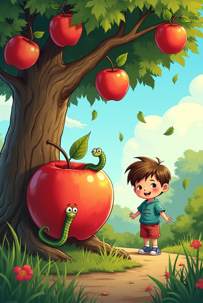 A worm in a small apple on the tree while a child plays outdoors comic book style