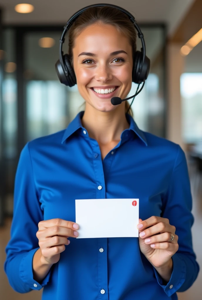 A sales consultant showing her work card, He is also wearing his headband headphones and microphone and a royal blue shirt..