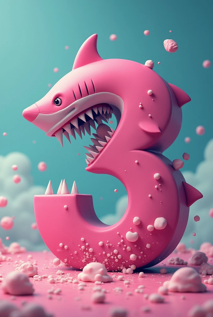 An image of a pink shark eating the number 3
