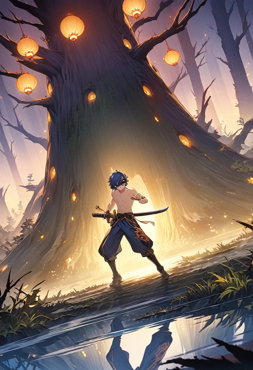 Animagine XL, anime, genshin, detailed illustration, dynamic angle, ultra-detailed, illustration, beautiful illustration, elegant illustration, human, wearing eye mask, purple, dark, night, misty hollow, dead trees, swamp, swordsman, broken mask, large katana, hakama pants, shirtless
