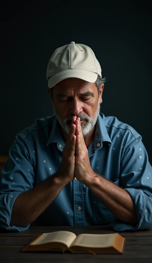 The image is a portrait of a middle-aged man sitting at a table with his eyes closed and his hands clasped together in prayer. He is wearing a white cap and a blue shirt with small white polka dots. The background is dark and the lighting is dim, creating a moody atmosphere. The man appears to be deep in thought, with a serious expression on his face. The overall mood of the image is somber and contemplative.