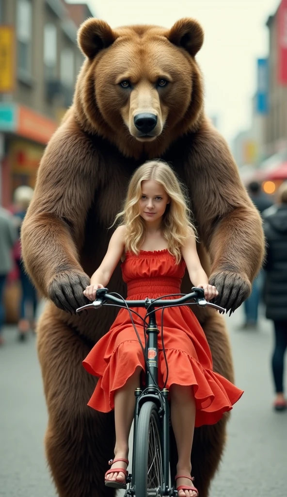 newspaper photo\(realistic big bear riding a bike, beautiful innocent blonde\(in a red dress with ruffles\) sitting with her back on the bicycle seat, feeling like a teenager, on the urban side, colorful photo\)