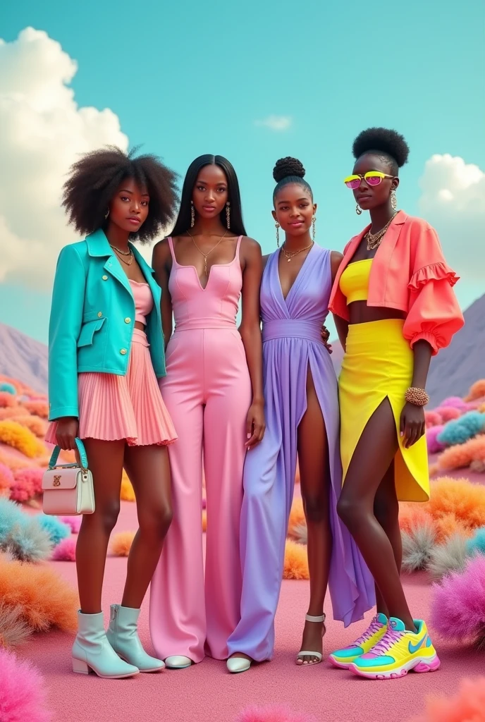 A photorealistic 4K cinematic image featuring a diverse group of four stylish women standing confidently in a surreal, pastel-colored landscape. Their outfits are vibrant and playful, blending modern fashion with bold, pop-inspired colors and unique textures.

Each woman’s look is distinctive yet harmonious with the group. One wears a turquoise jacket over a flowing, pleated pink skirt, accessorized with pastel boots and a matching handbag. Another is dressed in a lavender jumpsuit with neon accents, her hair styled in a sleek, futuristic bob. A third woman sports a bright yellow dress with geometric patterns, paired with chunky, colorful sneakers. The fourth wears a coral cropped jacket over a ruffled, asymmetrical skirt, her outfit completed with statement sunglasses and bold accessories.

The background is a whimsical, dreamlike landscape where the ground is covered in soft, colorful moss-like textures in shades of pink, blue, and orange. The sky is filled with large, fluffy clouds tinted with pastel hues, creating a stunning contrast against the vibrant colors of the landscape. In the distance, rolling hills and mountains fade into the horizon, adding depth to the scene.

The lighting is soft and warm, casting gentle shadows and enhancing the vivid colors of the outfits and the surreal environment. The overall atmosphere is playful yet empowering, capturing a moment of unity and style in a world that blends fantasy with reality.

[Lighting: Soft and warm with gentle shadows] [Camera: Wide-angle group shot capturing the vibrant outfits and surreal landscape] [Resolution: 4k, hyper-realistic] [Style: Pop-inspired fashion, surreal landscape, cinematic beauty] [Inspiration: High fashion, Diversity, Vibrant nature].
