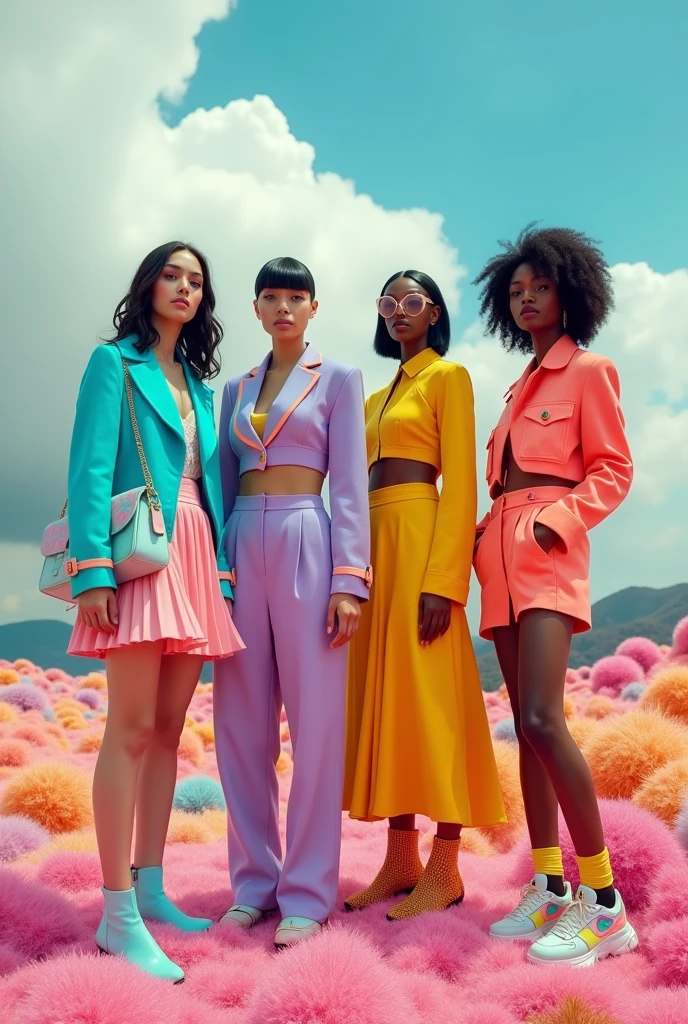 A photorealistic 4K cinematic image featuring a diverse group of four stylish women standing confidently in a surreal, pastel-colored landscape. Their outfits are vibrant and playful, blending modern fashion with bold, pop-inspired colors and unique textures.

Each woman’s look is distinctive yet harmonious with the group. One wears a turquoise jacket over a flowing, pleated pink skirt, accessorized with pastel boots and a matching handbag. Another is dressed in a lavender jumpsuit with neon accents, her hair styled in a sleek, futuristic bob. A third woman sports a bright yellow dress with geometric patterns, paired with chunky, colorful sneakers. The fourth wears a coral cropped jacket over a ruffled, asymmetrical skirt, her outfit completed with statement sunglasses and bold accessories.

The background is a whimsical, dreamlike landscape where the ground is covered in soft, colorful moss-like textures in shades of pink, blue, and orange. The sky is filled with large, fluffy clouds tinted with pastel hues, creating a stunning contrast against the vibrant colors of the landscape. In the distance, rolling hills and mountains fade into the horizon, adding depth to the scene.

The lighting is soft and warm, casting gentle shadows and enhancing the vivid colors of the outfits and the surreal environment. The overall atmosphere is playful yet empowering, capturing a moment of unity and style in a world that blends fantasy with reality.

[Lighting: Soft and warm with gentle shadows] [Camera: Wide-angle group shot capturing the vibrant outfits and surreal landscape] [Resolution: 4k, hyper-realistic] [Style: Pop-inspired fashion, surreal landscape, cinematic beauty] [Inspiration: High fashion, Diversity, Vibrant nature].

