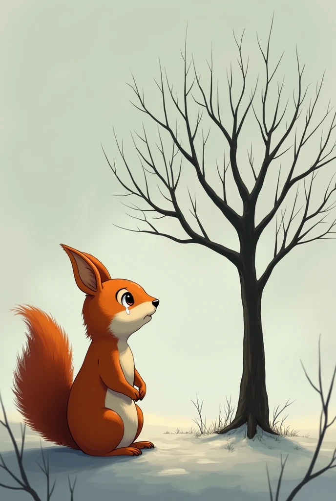 An orange male squirrel shedding tears while looking at a leafless tree