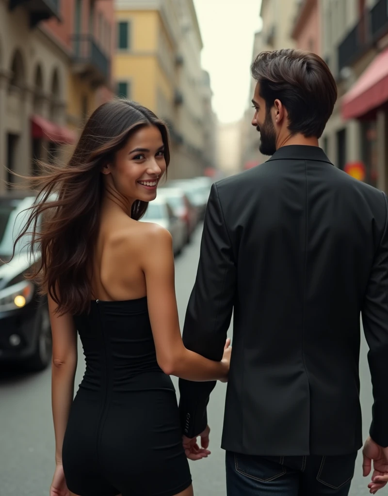 she is name ahu 20 years old (brunette) ,(tall woman),(long legs),single woman, chest 80 waist 60 hip 80 , G30,big normal breast,she is wear black strapless dress,A 30-year-old handsome man is walking with Ahu, the man's face is not visible, Ahu looks at the man and they walk on the road side by side, the man's and Ahu's backs are turned. Ahu does not look at the camera, neither the man nor Ahu looks at the camera, Ahu and the man are walking on the road and Ahu laughs while looking at the man. Ahu laughs while looking at the man. The camera secretly shoots from a distance, the camera secretly shoots Ahu and the man, both the man and Ahu do not look at the camera, Ahu laughs while looking at the man.Ahu's face is visible. The man's head is seen from behind and he is looking at the ahu, and the ahu is looking at the man. We see the man from behind. Ahu and men walking city, the man's face is not visible at all, the man's back is visible, The camera shoots from a distance, the body of the man and the ahu is fully visible, the camera shoots from a distance, it shoots from behind the man, the camera shoots from 5 meters behind the man and the ahu. ,RAW, Nikon Z 85mm, award-winning glamor photography, ((best quality)), ((masterpiece)), ((realistic)), (long brunette hair), hazel eyes,intricate details, highly detailed, sharp focus, professional, 4k, stunning hazel eyes, delicate, innocent, high resolution, detailed facial features, high detail, sharp focus, soft , aesthetic, extremely detailed, photo_\(ultra\), photorealistic, realistic, post-processing, maximum detail, real life, ultra-realistic, photorealism, photography, 8k uhd, photography, russian face
