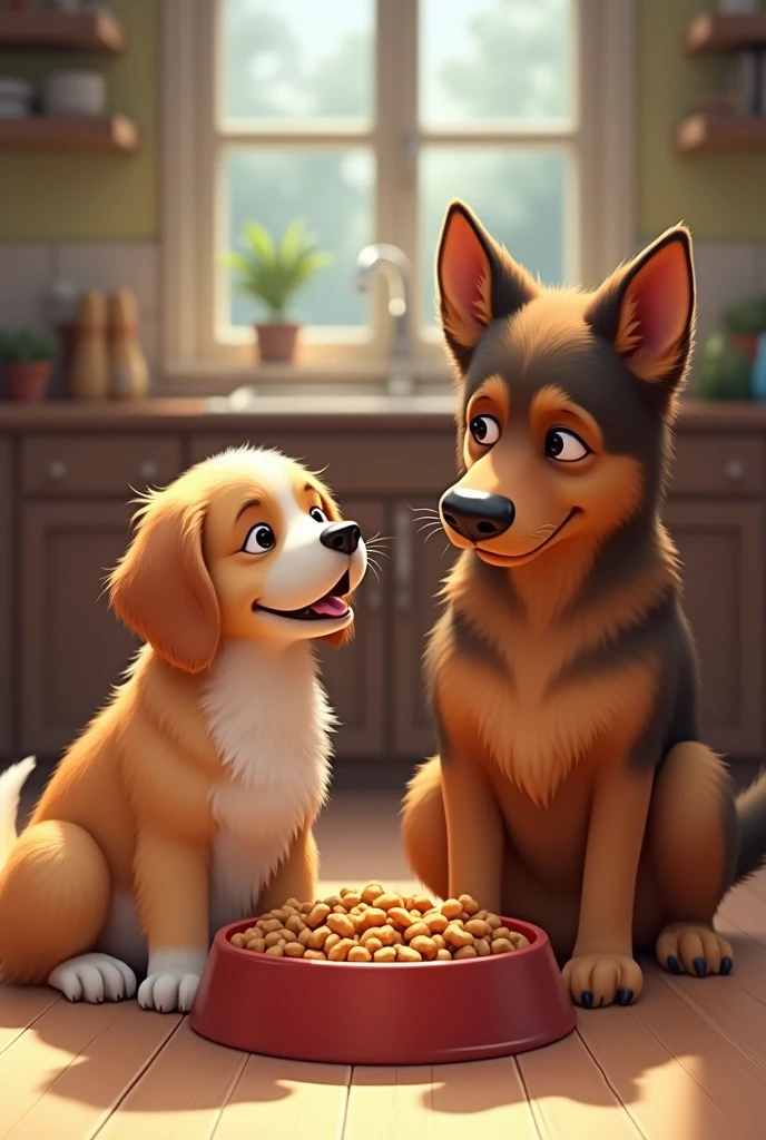 A dog eating with another dog