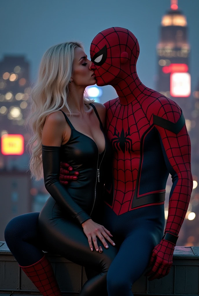 A stunning portrait of Felicia Hardy straddling on top of a muscular Peter Parker in his Spider-Man suit, kissing, French kiss, passionate kiss, she is young and beautiful, her hair is white, she is wearing a black leather body suit unzipped to her belly button, cleavage, sexy, seductive, large breasts, athletic body, narrow waist, wide hips, he is not wearing his mask, Peter Parker’s face
Location: location is city rooftop at night. Neon lights
Action: she is sitting on top of him, straddling him, he is grabbing her ass passionately, her breasts are pressed against him.
