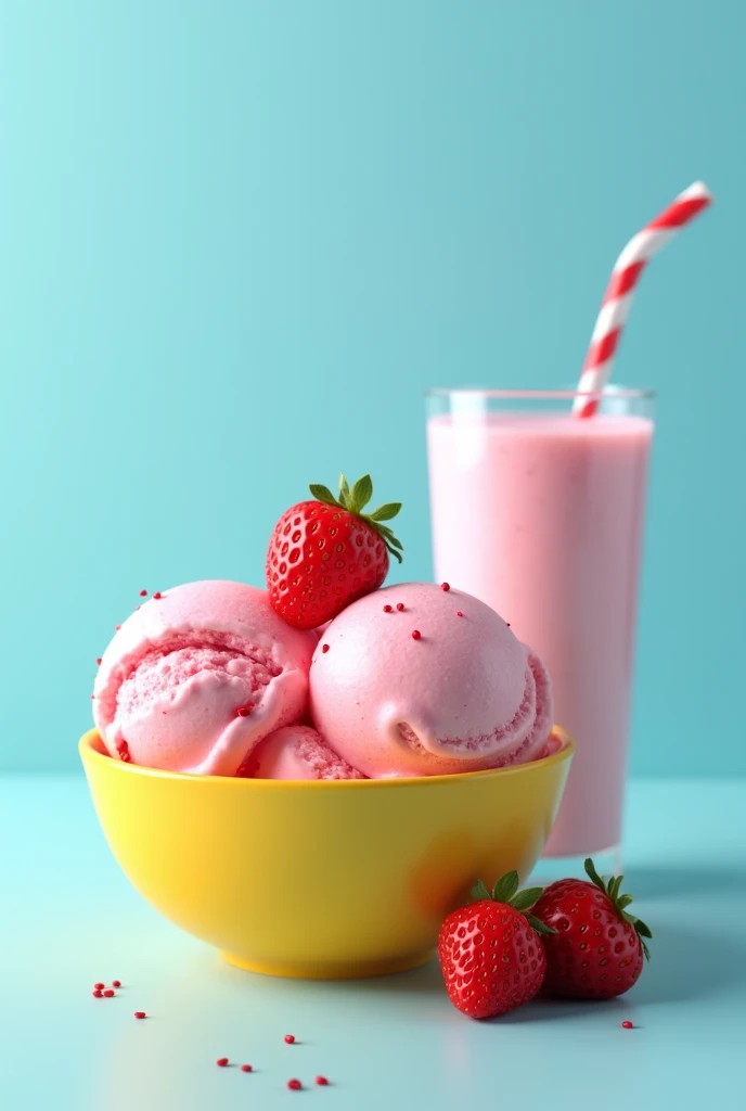 Ice cream in a yellow bowl with wild strawberry flavor + milkshake + blue background