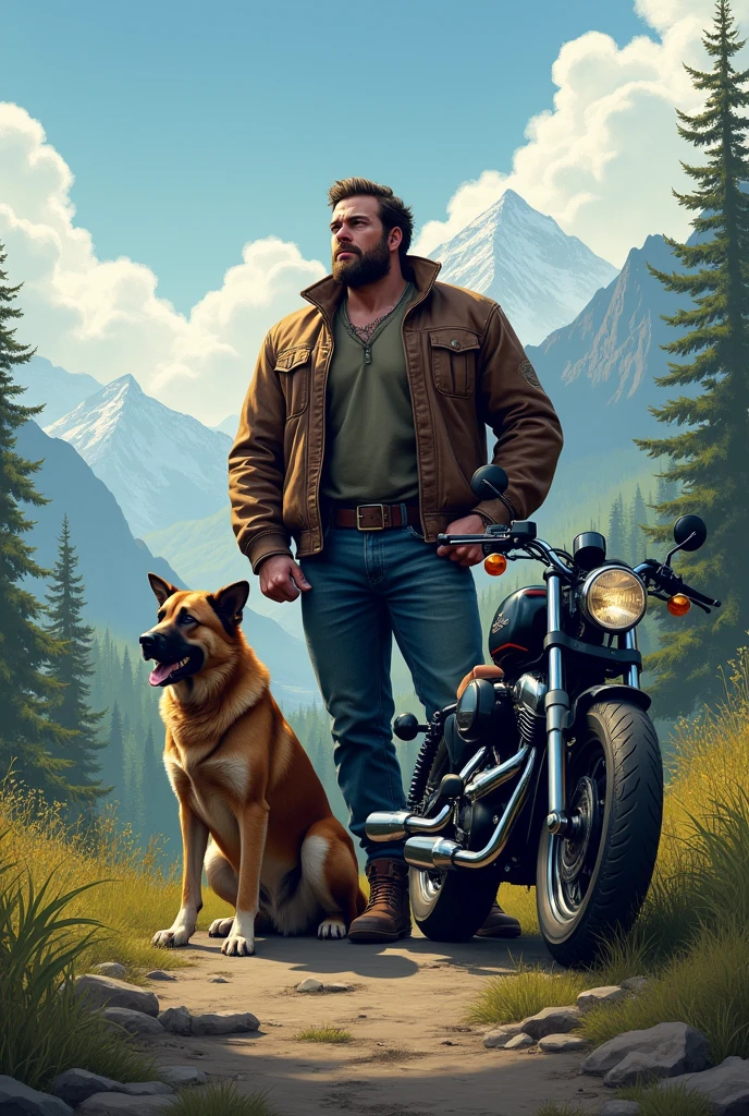 Me, a burly guy and my dog looking at nature with my motorcycle on the side