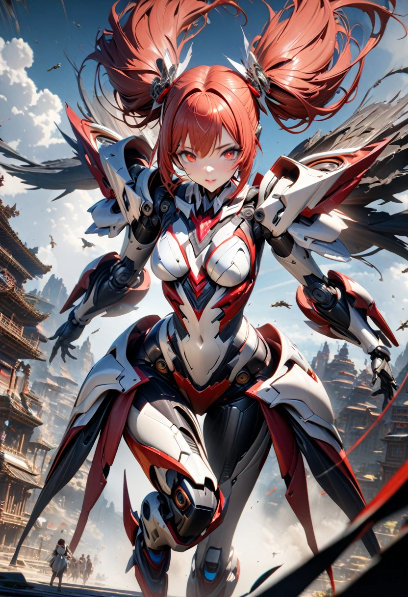 Ultra HD 3dCG concept art, A girl wearing robot armor holds a long sword and flies dynamically through the sky.1girl robot girl with long red hair in twin tails,Red and white mechanical barrette, Very detailed red eyes, Beautiful lips, Breathtakingly beautiful detailed skin,Red and white wearing flashy robotic armor, The stylish depiction and realism of the robot armor, the detailed depiction of the robot armor's mechanisms, the gloss and texture of the surface,(holding a long red and white sword:1.6). Accurate depiction of the hand holding the sword,The highly detailed patterns and shapes of the sword, the glow of the sword blade and the red beam emission effect from the blade,flying through a blue sky、(Dynamically flying through the sky:1.3)、Full-body view,High quality, high precision images,(masterpiece, best quality, 4k, 8k.:1.5). Ultra detail, ultra fine painting, 3D rendering, cinematic lighting, vivid color, professional photo resolution, award winning、Android