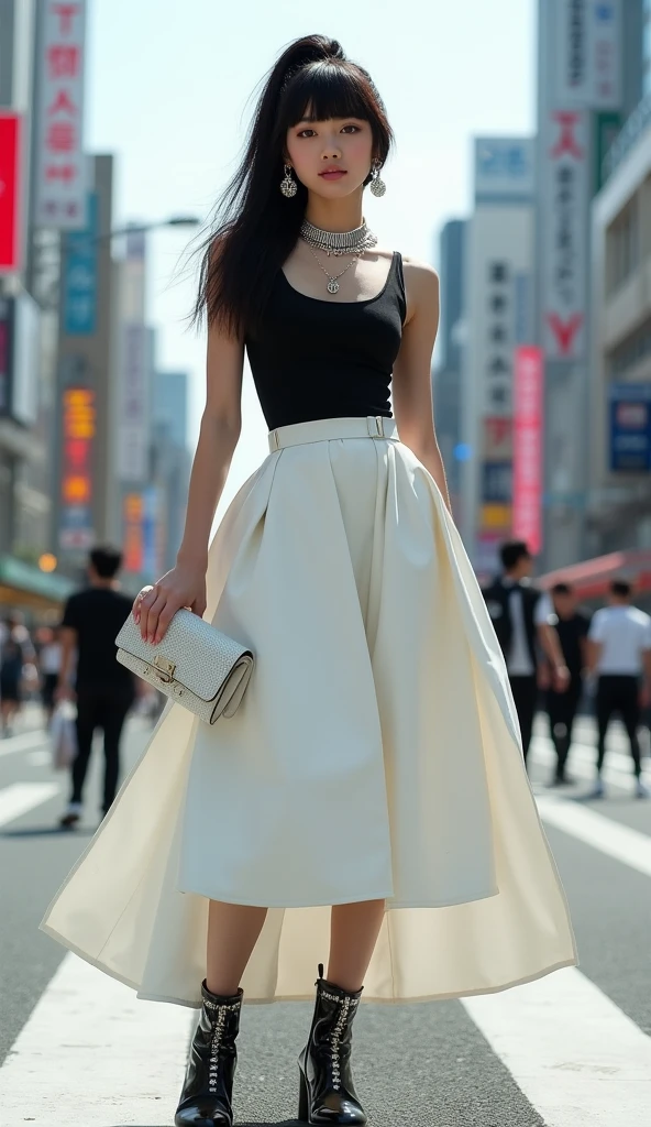 (((Blunt bangs, Princess Bang))), (((Very heavy,Voluminous bangs:1.1))),(((very long, Very heavy,Very voluminous side locks:1.1))),, Hime cut, Straight bangs hairstyle, People with round faces and plain bangs, dull with long hair、Bangs cut straight,))High Fashion Portrait, (Highest quality, detailed,masterpiece:1.2), Realistic, 1 person, Beautiful woman, Full Body Shot, Fashion Model, Dynamic pose, break small head, break (detailed buttocks, detailed legs, detailed body line, toned big breasts, Very small waist, Tight big ass, Beautiful muscular legs, Beautiful legs, Creates a sculptural beauty:1.2), Beautiful white, silky skin, A slim and beautiful neck, (Full Body Shot, Dynamic pose:1.2), break Opt for a sleek, A fitted jet black tank top, Made from luxurious silk with a subtle sheen, Layered with a voluminous white maxi skirt, Featuring intricate pleats and futuristic geometric patterns, break Accessorize with an abundance of statement jewelry, Includes large silver cufflinks, oversized hoop earrings, A sophisticated choker necklace for a luxurious look, break Complete the ensemble with patent leather ankle boots in glossy black, Metallic embellishments and a sculptural heel add drama., Carry a structured clutch bag made from smooth white leather, Adorned with futuristic hardware accents for a modern twist, break Style hair in a sleek, Architectural Upstyle, Sharp angles and a sleek finish give it a futuristic feel., break small head, detailed face, ((Full body photo))((Directly facing)))looking at the camera,masterpiece,Highest quality,8k,クレイジーなdetailed,複雑なdetailed,超detailed,super quality,High detail(((全身黒Costume,The hem of the skirt is fluttering in the wind,))Costume,))looking at the camera(Realistic、Realistic:1.37)、,Highest quality, figure, 超detailedな, finely, 完璧なダイナミックな構figure, ((Taken right in the middle of Shibuya Scramble Crossing)), Beautiful and fine details,Expressionless,, ,20 years old,Model body type,, ,Women are paying attention, Her face is beautiful and delicate,Showing an otherworldly beauty。,A female model stands tall in a crowded city street,, Fashion Model,looking at the camera,masterpiece,