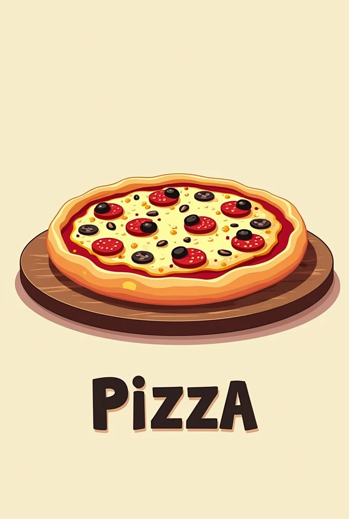 A cartoon drawing of a whole pizza on top of a board with the name pizza on it 