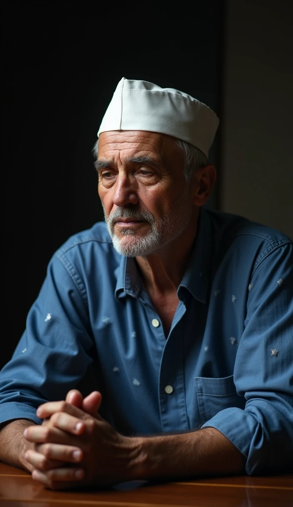 The image is a portrait of a middle-aged man sitting at a table with his eyes closed and his hands clasped together in prayer. He is wearing a white cap and a blue shirt with small white polka dots. The background is dark and the lighting is dim, creating a moody atmosphere. The man appears to be deep in thought, with a serious expression on his face. The overall mood of the image is somber and contemplative.