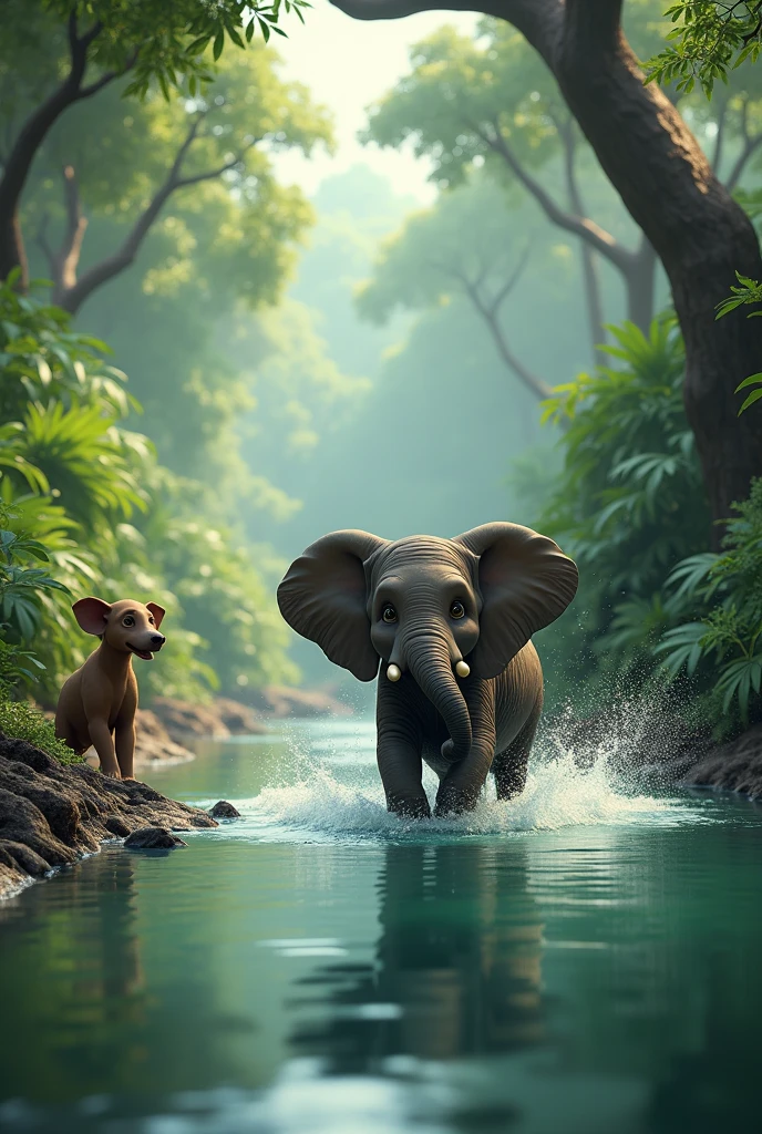 A wide, tranquil river surrounded by dense jungle foliage. Mali rushes into the water, joyfully splashing and spraying water with her trunk, while Tara stands on the riverbank, keeping a watchful eye on the surroundings. In3d animation a young elephant