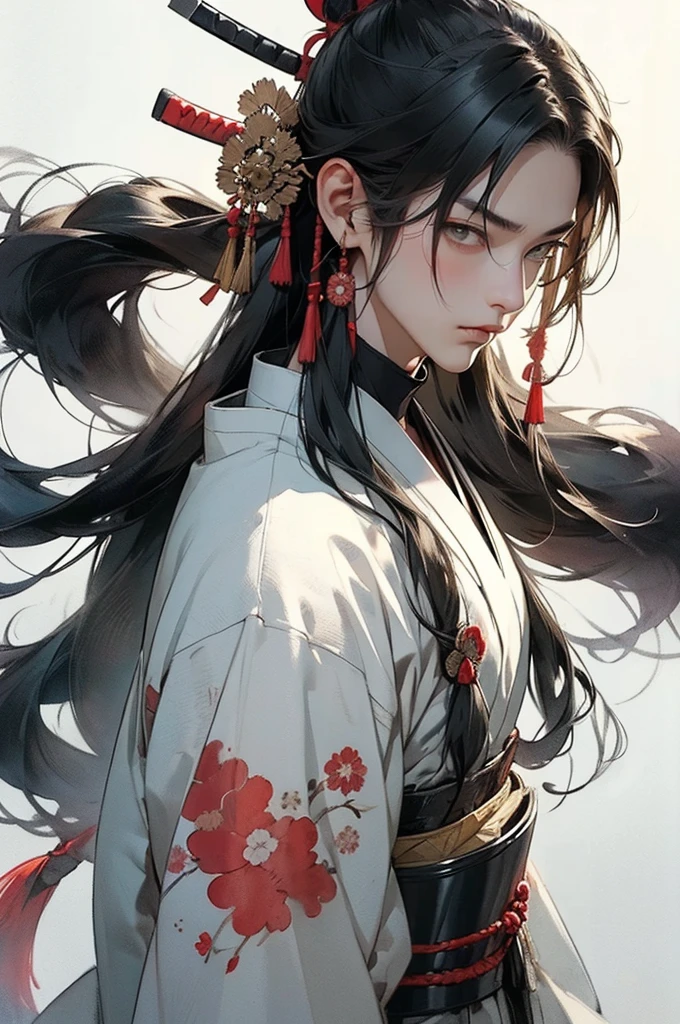 cool, samurai, boy, long hair, samurai outfit, fighting, armor, light hair, watercolor ink style,