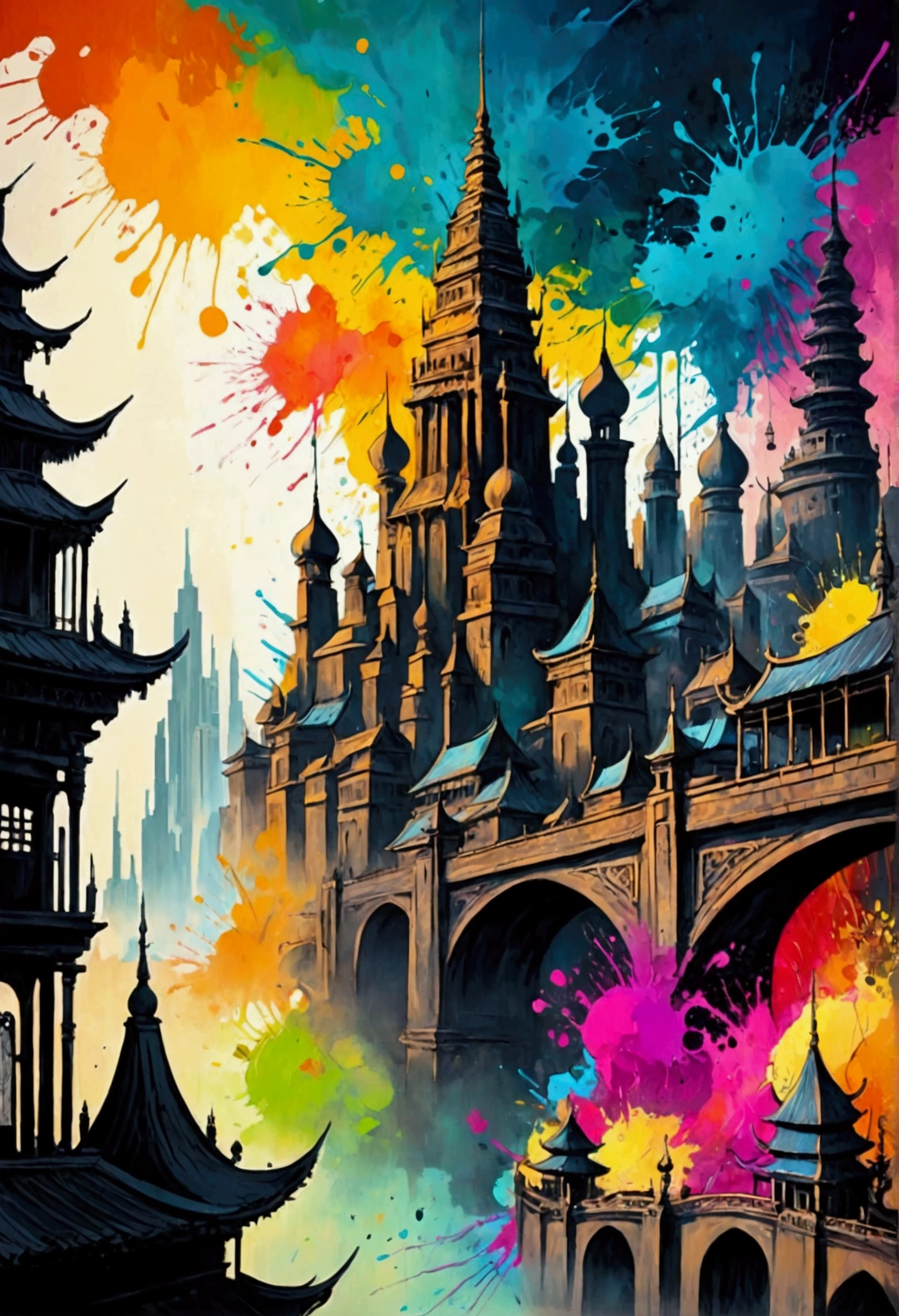 (((fantasy ink splatter art:1.3))),  skyline of a mysterious city, A fascinating beautiful landscape appears, Chaotic colorful lines ink strokes, Intricate detailing, Every stroke radiates an enchanting feeling, extraordinary creation, Whether ink painting or oil painting, Master stunning details, pure brilliance, eerie atmosphere