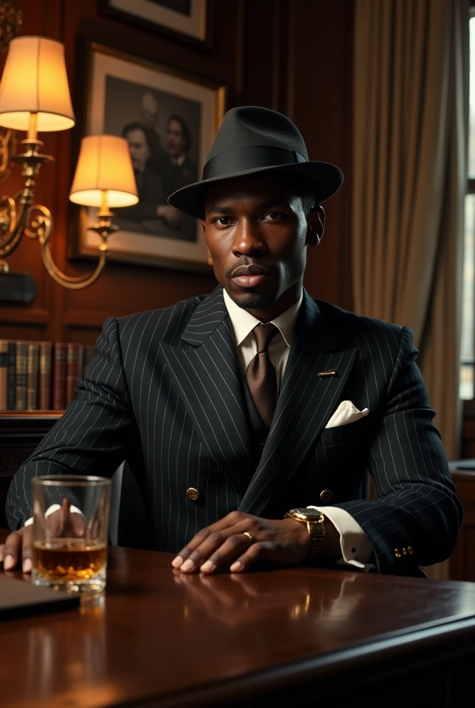 Create a cinematic fashion scene featuring a male model with African descent, but with the features of David Gandy. The model, an athletic figure with a striking, masculine physique and a captivating presence, is dressed in a vintage-inspired, classic mafia suit reminiscent of the 1940s, suitable for a scene straight out of 'The Godfather.' The outfit should feature a double-breasted pinstripe suit in dark tones, complemented by a crisp white dress shirt, a wide tie, and a classic fedora hat. The model also wears polished leather shoes and vintage accessories such as a pocket watch, adding an air of old-school mafia sophistication.
Situation: The scene is set in a dimly lit, opulent study, adorned with rich wood paneling, leather-bound books, and a large mahogany desk, capturing the essence of a classic mafia boss’s office. The model is seated behind the desk, with one hand resting on the desk beside a glass of whiskey, exuding power and authority. The room is filled with an atmosphere of quiet tension, as if a significant decision is about to be made. The background includes dimly lit lamps, framed black-and-white photographs, and a glimpse of a dark, heavy curtain partially drawn over a window.
The model's pose is commanding and authoritative, capturing the essence of a powerful mafia figure. His gaze is intense and direct, with a hint of contemplation, embodying the calculated and composed demeanor of a mafia don. The warm, low-key lighting creates deep shadows that emphasize the model’s strong features and the rich textures of his suit, enhancing the vintage, cinematic feel of the scene.
Filmed on ARRI ALEXA 65, Bokeh, sharp focus on the subject, shot by Don McCullin. The atmosphere should exude a sense of cinematic drama with a vintage touch, where the model embodies the essence of classic mafia fashion—powerful, refined, and imposing, amidst a richly detailed, atmospheric setting."