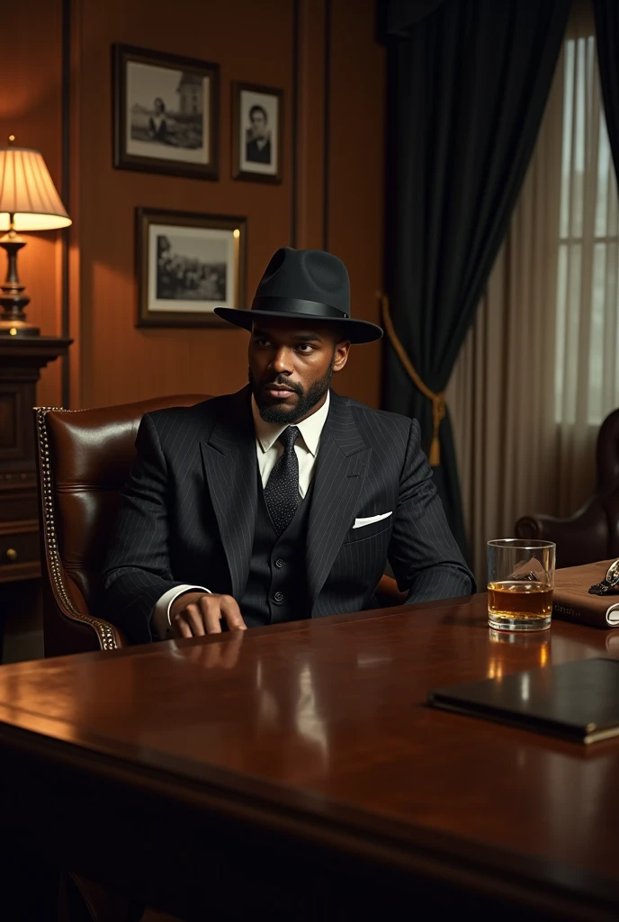 Create a cinematic fashion scene featuring a male model with African descent, but with the features of David Gandy. The model, an athletic figure with a striking, masculine physique and a captivating presence, is dressed in a vintage-inspired, classic mafia suit reminiscent of the 1940s, suitable for a scene straight out of 'The Godfather.' The outfit should feature a double-breasted pinstripe suit in dark tones, complemented by a crisp white dress shirt, a wide tie, and a classic fedora hat. The model also wears polished leather shoes and vintage accessories such as a pocket watch, adding an air of old-school mafia sophistication.
Situation: The scene is set in a dimly lit, opulent study, adorned with rich wood paneling, leather-bound books, and a large mahogany desk, capturing the essence of a classic mafia boss’s office. The model is seated behind the desk, with one hand resting on the desk beside a glass of whiskey, exuding power and authority. The room is filled with an atmosphere of quiet tension, as if a significant decision is about to be made. The background includes dimly lit lamps, framed black-and-white photographs, and a glimpse of a dark, heavy curtain partially drawn over a window.
The model's pose is commanding and authoritative, capturing the essence of a powerful mafia figure. His gaze is intense and direct, with a hint of contemplation, embodying the calculated and composed demeanor of a mafia don. The warm, low-key lighting creates deep shadows that emphasize the model’s strong features and the rich textures of his suit, enhancing the vintage, cinematic feel of the scene.
Filmed on ARRI ALEXA 65, Bokeh, sharp focus on the subject, shot by Don McCullin. The atmosphere should exude a sense of cinematic drama with a vintage touch, where the model embodies the essence of classic mafia fashion—powerful, refined, and imposing, amidst a richly detailed, atmospheric setting."