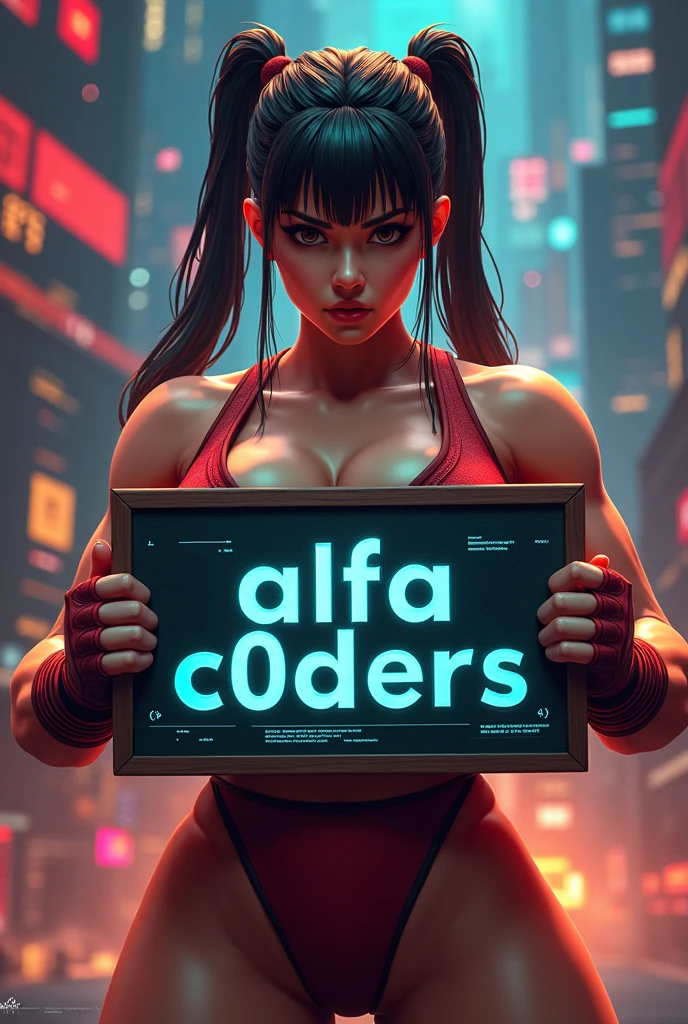 a detailed portrait of Chung Li Street Fighter holding a sign that says "Alfa C0ders" with a background of Python and JavaScript programming themes, highly detailed, photorealistic, cinematic lighting, dramatic composition, digital art